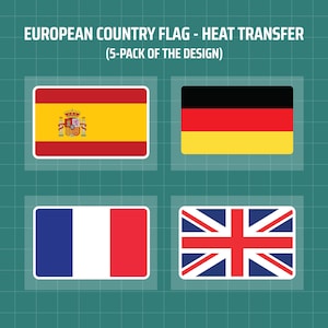 May include: A set of four heat transfer iron-on designs featuring the flags of Spain, Germany, France, and the United Kingdom.  The flags are in a white border on a green background.