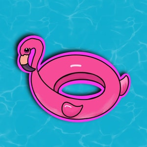 May include: A pink flamingo pool float with a white outline. The float is in a blue pool with ripples.