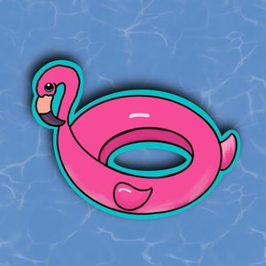 May include: Pink inflatable flamingo pool float with a turquoise inner ring. The float is in a blue pool with ripples.