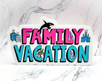 May include: A white sticker with the words "FAMILY VACATION" in pink and blue lettering. The sticker features various vacation-themed icons, including a whale, a surfboard, a palm tree, a castle, and suitcases.
