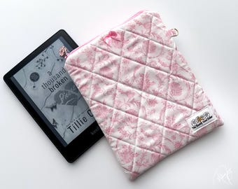 Kindle- E-Reader Sleeve, Zipping Fabric Handmade Sleeve. Pink and White Vintage.
