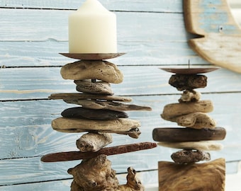 Rustic Nautical Driftwood & Metal Candlestick - Natural