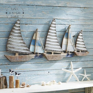 Painted Wood and Metal Sailboats Wall Art - 27 x 64 cm