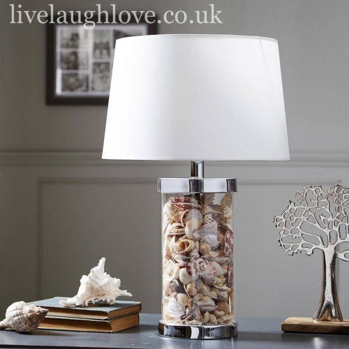 Shell Filled Glass Lamp W/ White Shade