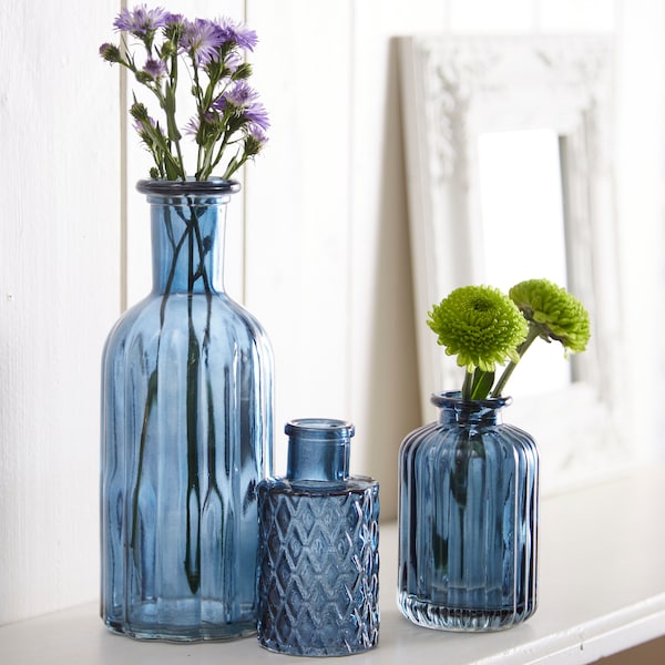 Set of 3 Assorted Glass Vases - Sapphire Blue