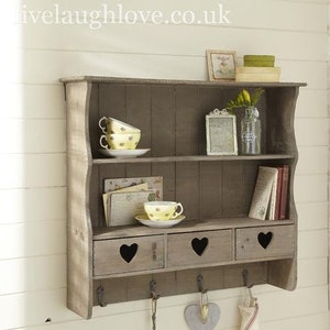 Wooden Country Shelf with 3 drawers & Cut out Hearts