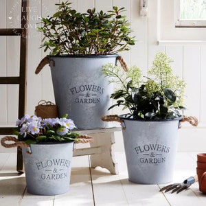 Set of 3 Metal Silver 'Flowers and Garden' Vintage Planter Buckets