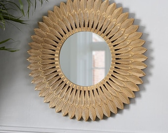 Round Wall Mounted Gold Feathered Mirror