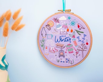 Hello Winter Embroidery Pattern, Printed Fabric & Stitch Guide
