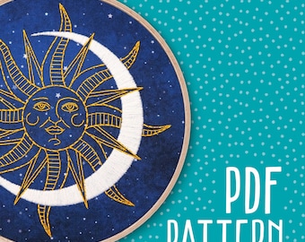Sun and Moon Hand Embroidery Pattern: Celestial Hoop Art (PDF Download