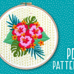 Modern Hand Embroidery Pattern, Tropical Craft Project, Mindfulness Hoop Art, Flowers DIY Embroidery, Floral Needlework PDF Pattern download