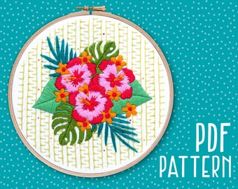 Modern Hand Embroidery Pattern, Tropical Craft Project, Mindfulness Hoop Art, Flowers DIY Embroidery, Floral Needlework PDF Pattern download