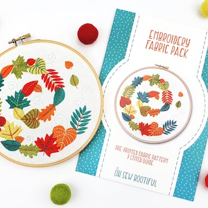 Motif de broderie de feuilles, travaux d'aiguille d'automne, tissu imprimé et instructions