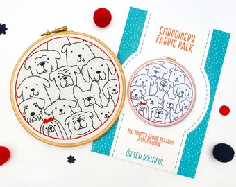 Dogs Embroidery Pattern, Printed Fabric, Beginner Needlework