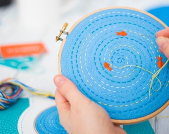 Mindfulness Embroidery Kit, Relaxing Project, DIY Craft Kit, Fish Pond Hoop Art, Gift For Her, Learn to Sew, Hand Embroidery Set, DIY Gift