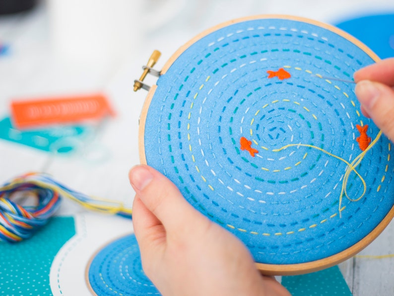 Mindfulness Embroidery Kit, Relaxing Project, DIY Craft Kit, Fish Pond Hoop Art, Gift For Her, Learn to Sew, Hand Embroidery Set, DIY Gift image 1