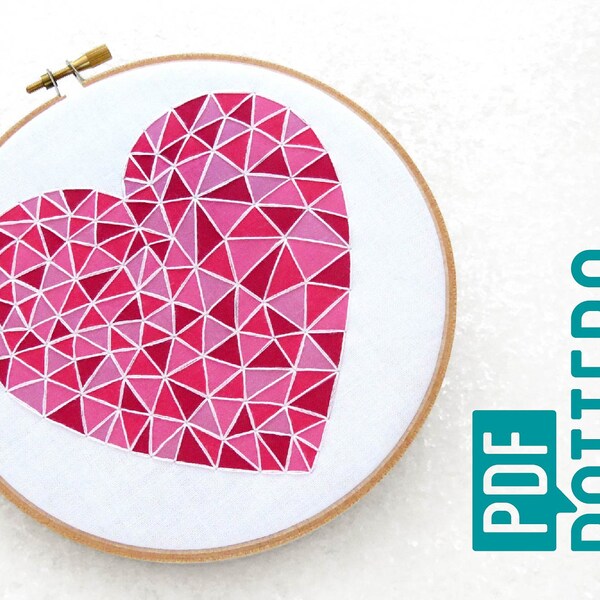 Geometric Heart Embroidery Pattern, Easy Hoop Art Tutorial PDF, Beginners Needlework Pattern, Learn To Hand Embroider, Simple Embroidery Kit