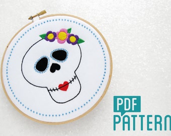 Sugar Skull Embroidery Pattern, Candy Skull Needlecraft Pattern, Halloween Needlework Pattern, PDF Pattern Download, Rockabilly Embroidery