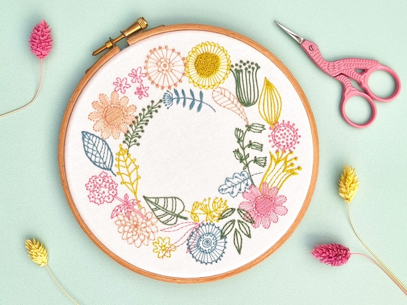 Spring Floral Wreath Hand Embroidery Pattern: DIY Needlework (PDF ...