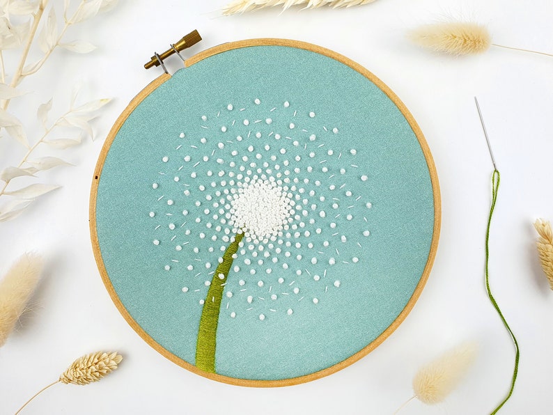 Dandelion Embroidery Kit, DIY Hoop Art Kit, Needlework Kit, Modern Flower Embroidery Pattern, Relaxation, Mindfulness Gift, Gift For Crafter image 1