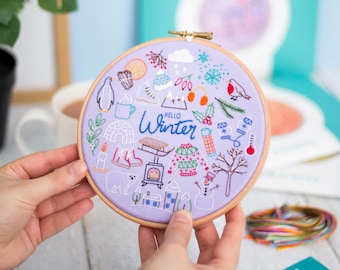 Hello Winter Embroidery Kit: Beginner Needlecraft with Pre-Printed Pattern