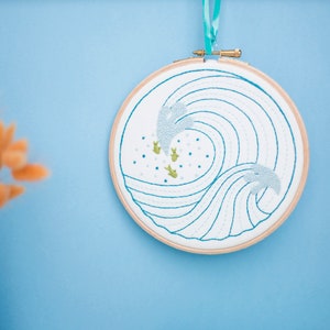 Modern Embroidery Kit, Ocean Waves DIY Hoop Art, Modern Needlework Kit, Embroidery Tutorial, DIY Gift for Her, Beginners Embroidery Kit image 1