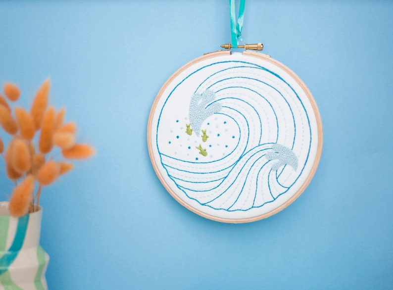 Modern Embroidery Kit, Ocean Waves DIY Hoop Art, Modern Needlework Kit, Embroidery Tutorial, DIY Gift for Her, Beginners Embroidery Kit image 1