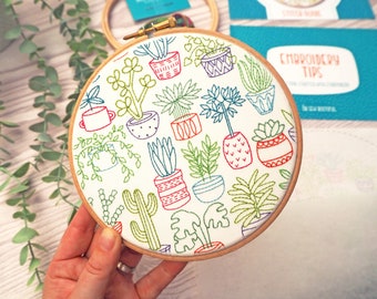 Plants Embroidery Kit, Houseplants Needle Craft Kit for Adults, Cactus Hoop Art Kit, Modern Hand Embroidery Kits, DIY Craft Kits for Women