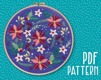 Winter Floral Hand Embroidery Pattern, Mindfulness Craft Project, Beginners Hoop Art, Christmas Embroidery Pattern, DIY PDF Pattern.