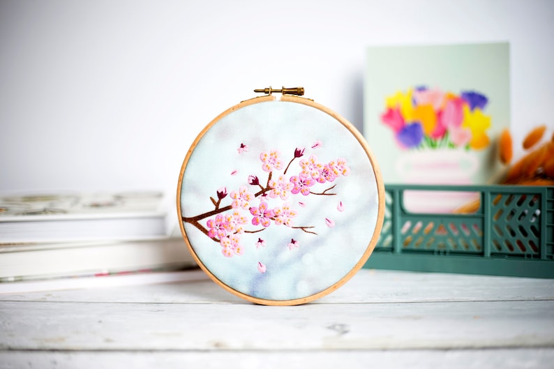 Blossom Embroidery Kit, Cherry Blossom Embroidery Kit, DIY Floral Hoop Art Kit, Modern Stamped Embroidery, Flower Needlework, DIY Gift Ideas image 2