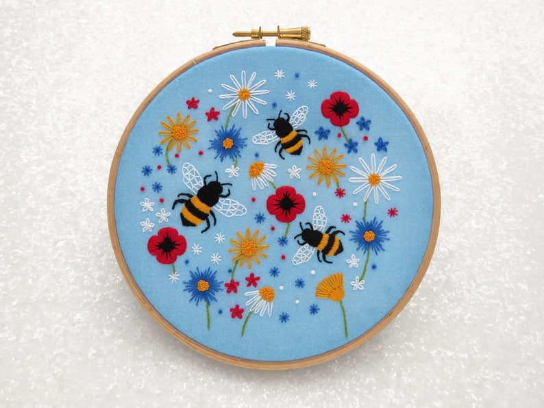 Bees Embroidery Kit Wild flower Needle Craft Kit DIY image 1