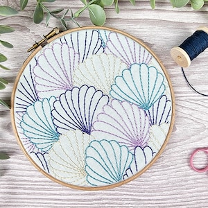 Shells Embroidery Kit, Art Deco Needle Craft Kit, Purple Hoop Art, Beach Beginners Embroidery Kit, Hand Embroidery Kit Project, Gift for her