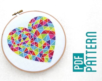 Beginner Rainbow Embroidery Pattern, Easy Hoop Art PDF, Geometric Heart Needlework Pattern, Learn To Hand Embroider, Basic Embroidery Kit