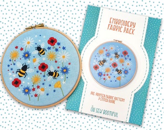Bees and Wildflowers Embroidery Pattern, Printed Fabric, Needle Craft