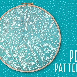 Winter Floral Hand Embroidery Pattern, Mindfulness Craft Project, Beginners Hoop Art, Christmas Embroidery Pattern, DIY PDF Pattern.