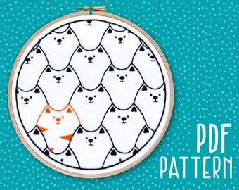 Patrón de bordado de gatos: Arte de aro DIY de gato negro (Patrón PDF)