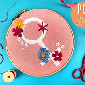 Feminist Hand Embroidery Pattern, Floral Venus Craft Project, Female Sign Hoop Art, DIY Embroidery, Floral Needlework PDF Pattern download