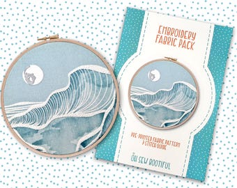Moonlight Seascape Embroidery Pattern: Pre-Printed Cotton Fabric