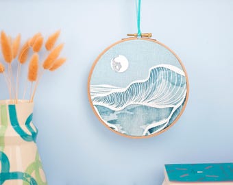 Moonlight Seascape Embroidery Kit: Beginner Ocean Needlecraft with Hoop