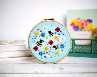 Bees and Wildflowers Embroidery Kit, Summer Floral Hoop Art