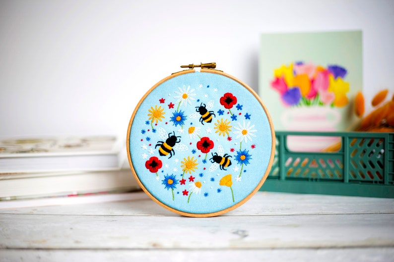 Bees Embroidery Kit, Wild Flower Needle Craft Kit, DIY Wildflower Hoop Art, Summer Hand Embroidery Project, Floral Sewing Kit, Sewing Gift image 1