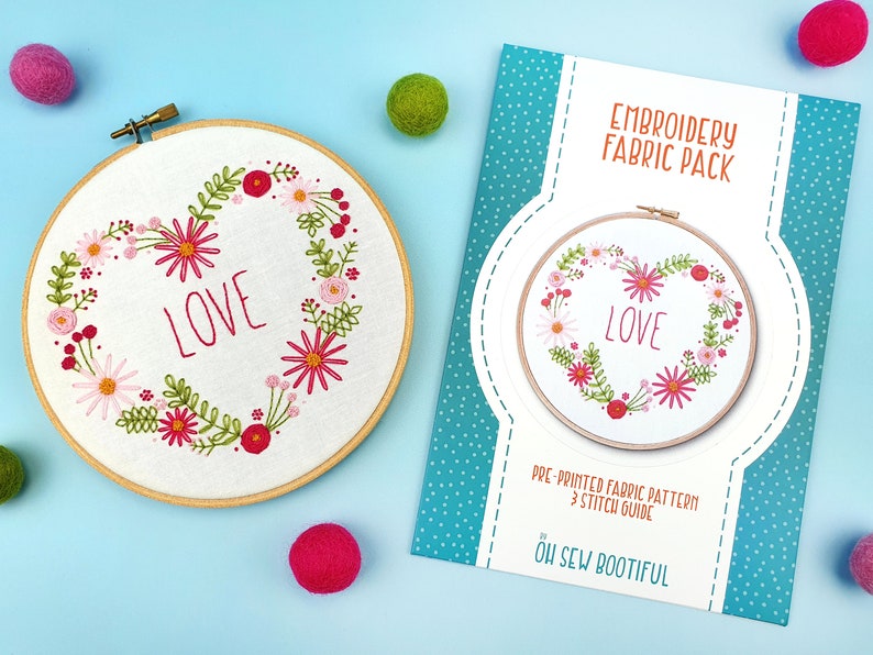 Love Flower Heart Embroidery Pattern, Pink Hoop Art Kit, Love Heart Embroidery Set, Modern Needlecraft Pattern, Daisy Chain Embroidery Kits image 1