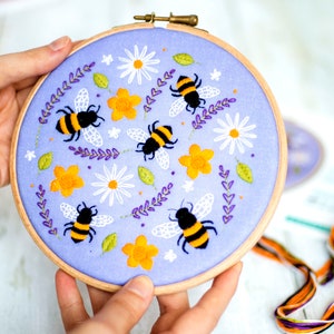 Lavender Bees Embroidery Kit For Beginners, DIY Hoop Art