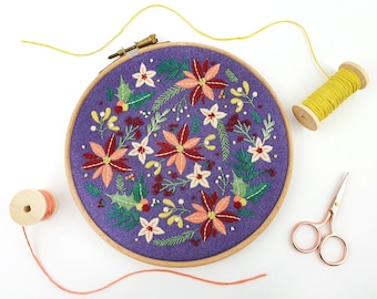 Winter Flowers Embroidery Kit, Christmas Embroidery Kit, Modern Xmas Hoop Art Kit, Christmas Gift Ideas, Holly Embroidery, Floral Embroidery