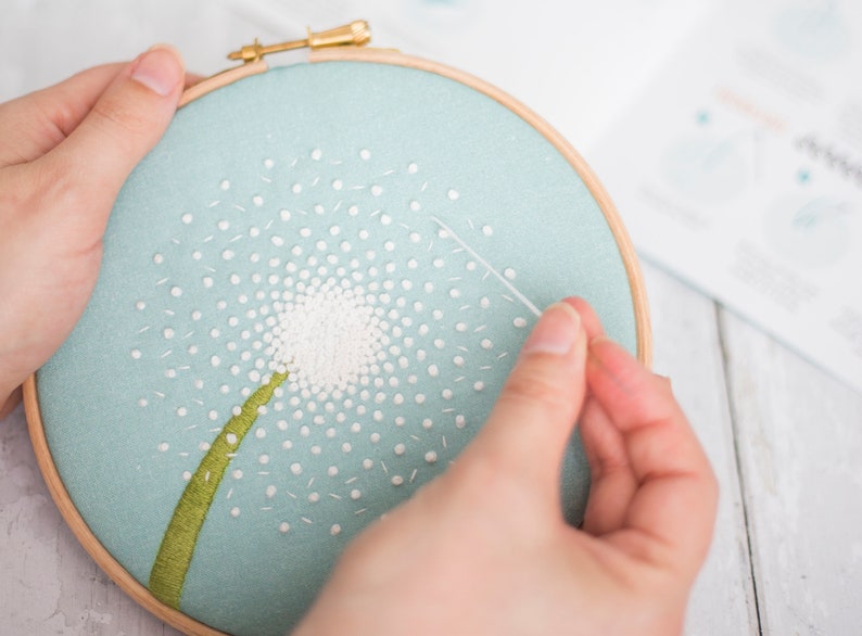 Dandelion Embroidery Kit, DIY Hoop Art Kit, Needlework Kit, Modern Flower Embroidery Pattern, Relaxation, Mindfulness Gift, Gift For Crafter image 2