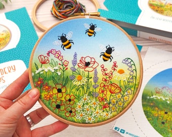 Bees Embroidery Kit, Wildflower Meadow Embroidery Kit, Wildflower Hoop Art Kit, Floral Embroidery Kit, Bees Hand Embroidery Kit Project