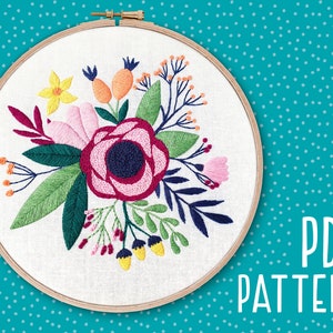 Floral Hand Embroidery Pattern, Poppy Bouquet Craft Project, Flowers Hoop Art, DIY Embroidery Pattern Download, Needlework PDF Pattern.