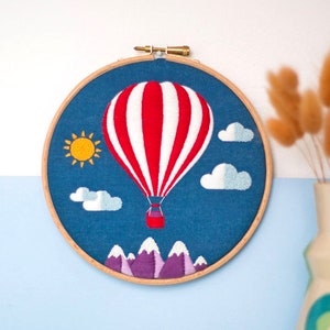 Hot Air Balloon Embroidery Kit, Mountains Embroidery Kit, Sky Needlecraft Kit, Hand Embroidery Kit, Modern Needlework Kit, Hoop Art Kit