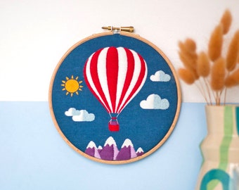 Heißluftballon-Stickset, Berge-Stickset, Himmel-Stickset, Handstickset, modernes Stickset, Hoop-Art-Set