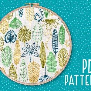 Leaves Hand Embroidery Pattern, Plant Craft Project, Mindfulness Hoop Art, Leaf DIY Embroidery Pattern, Needlework PDF Pattern download